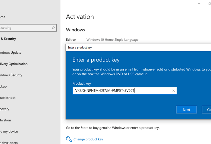 windows 10 update product key