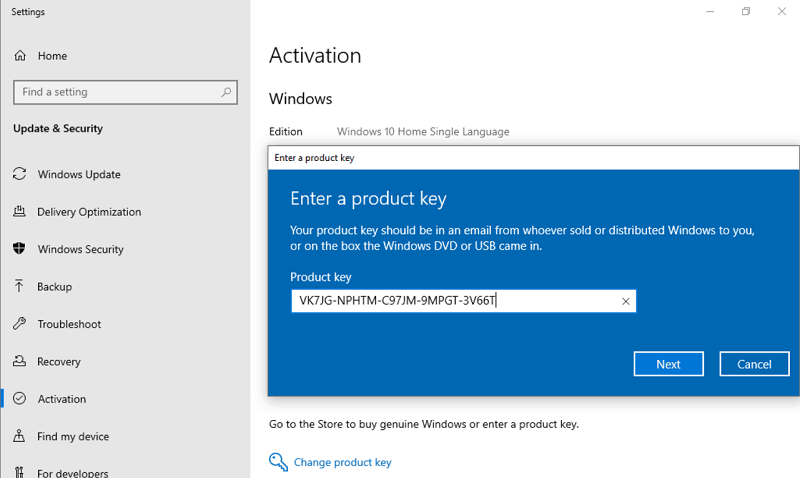 windows 10 update no product key