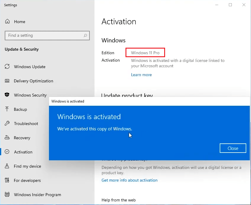 activate Windows 11 Pro 64 bit sucessfully